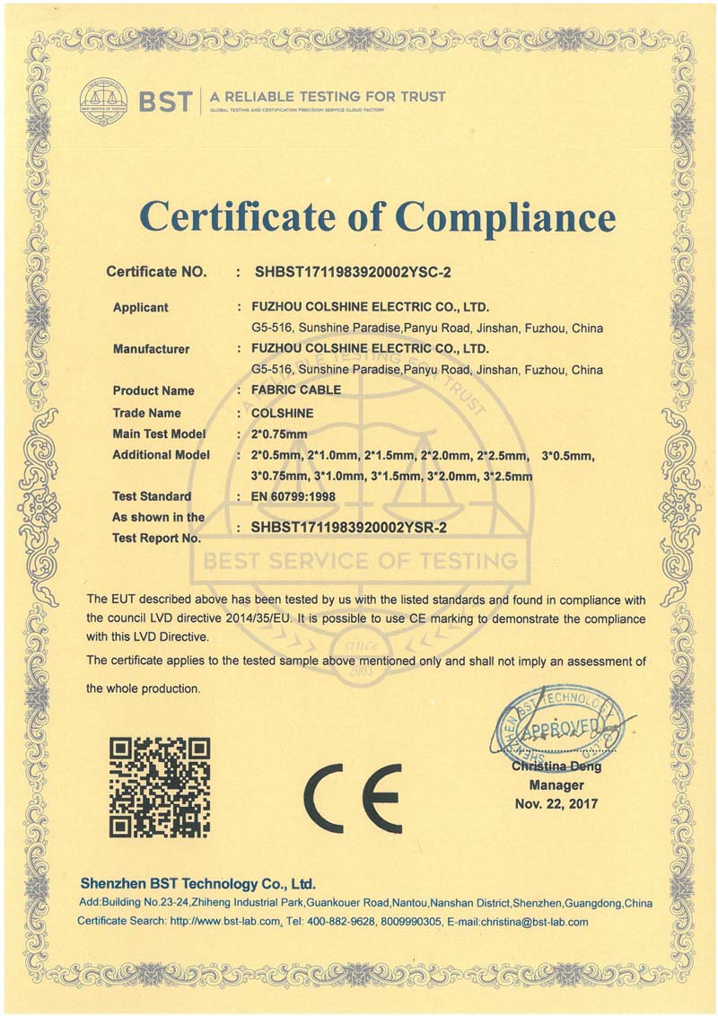 Certificado CE de cables textiles de tela