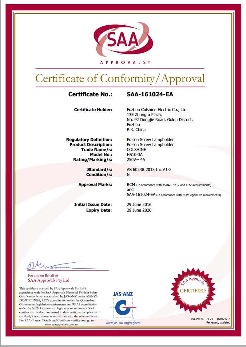 Certificado SAA para portalámparas de cerámica de tornillo Edison