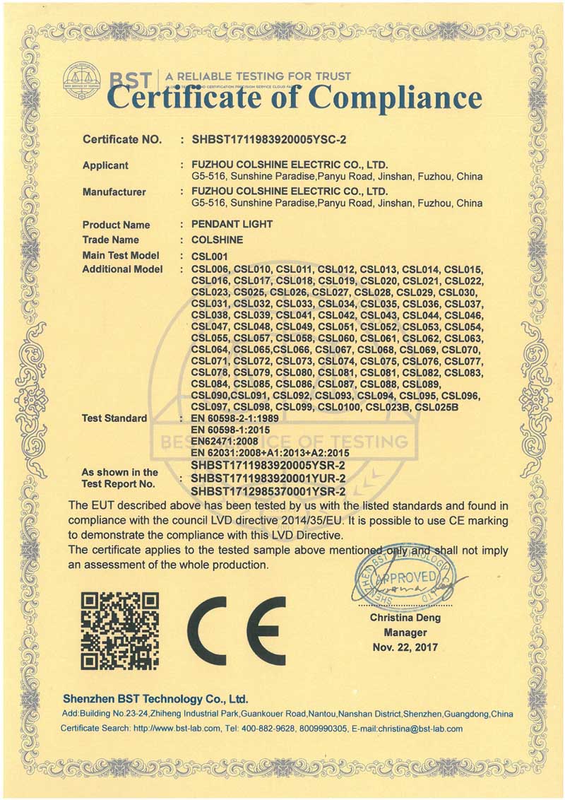 Certificado CE para luces colgantes de plástico