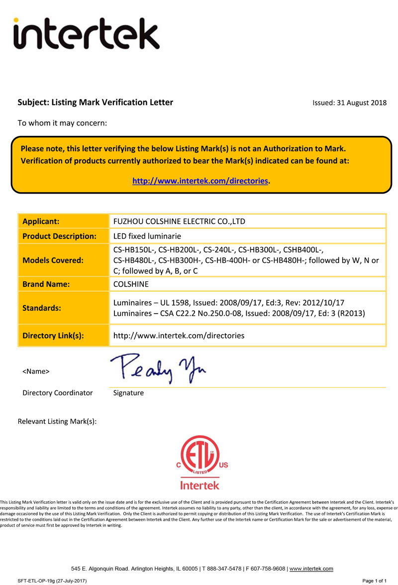 Certificado ETL para luminarias fijas LED