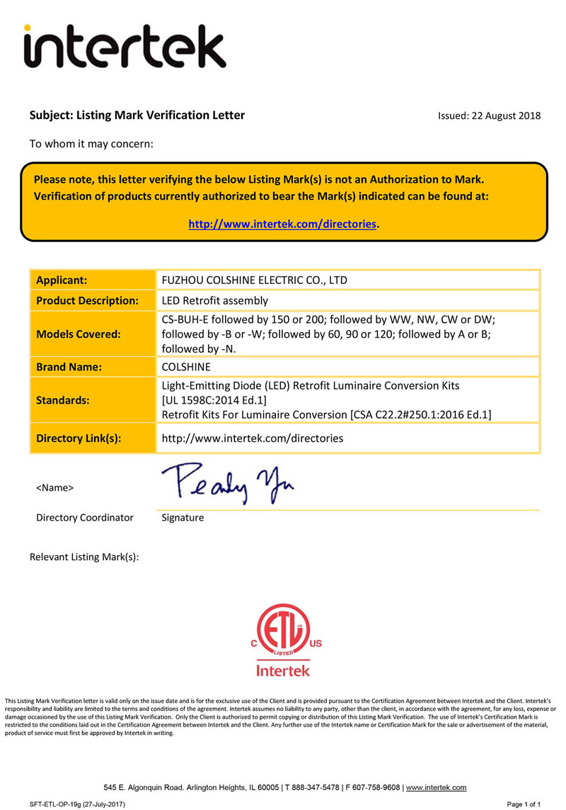 Certificado ETL de ensamblaje de reequipamiento LED