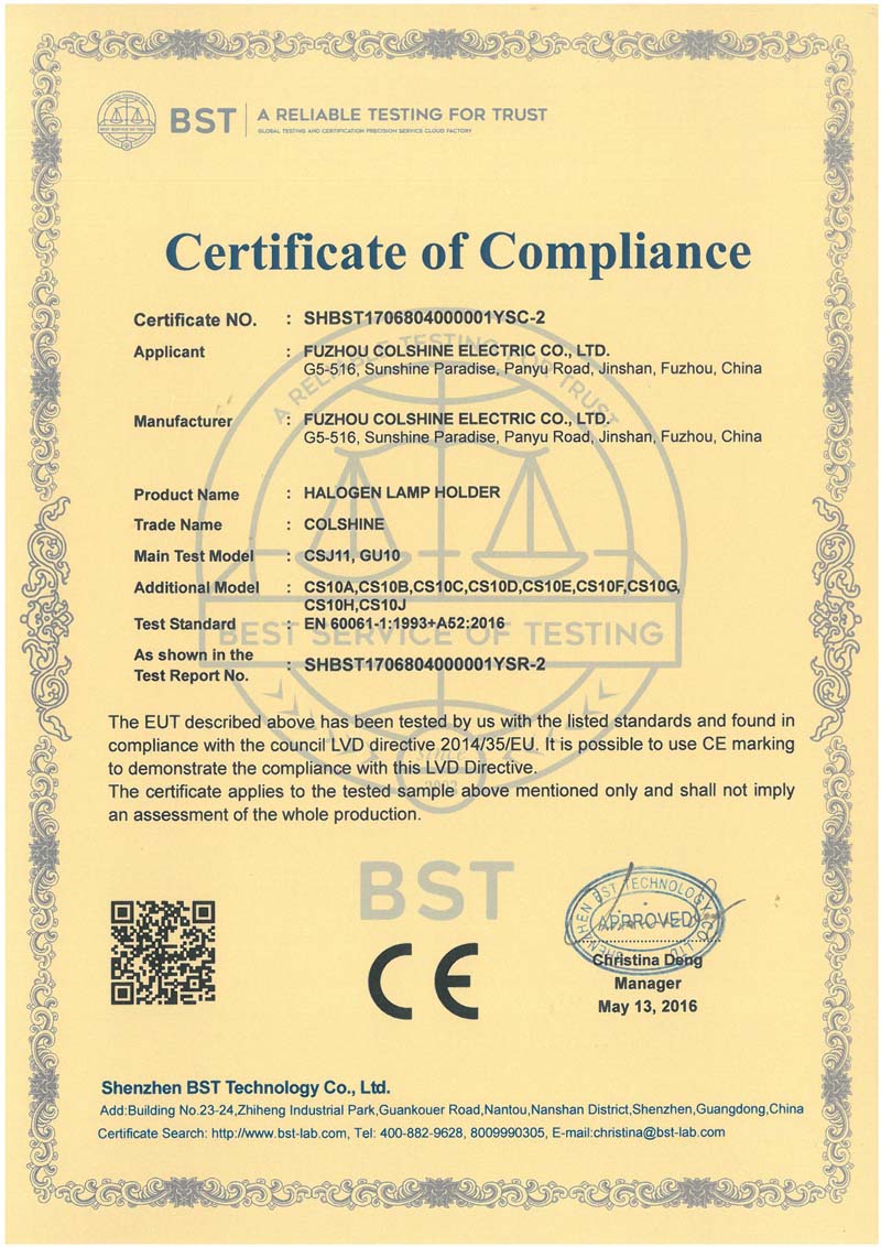 Certificado CE de portalámparas halógenas GU10